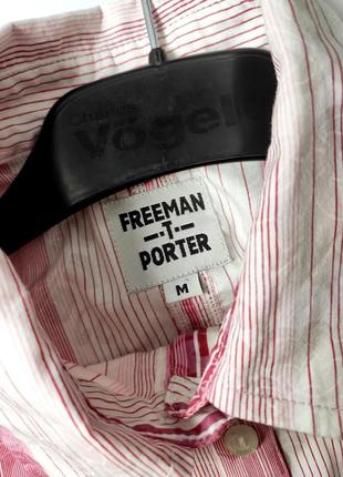 Рубашка женская удлиненная розового цвета в полоску прямого кроя с поясом короткими рукавами от бренда freeman porter m6 фото