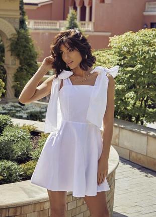 Повітряний білий лляний сарафан з льону сукня плаття з бантами метеликами міні до колін короткий 100% льон1 фото