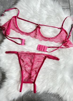 Сексуальна жіноча нижня білизна комплект: трусики та ліф рожеві з відкритим доступом6 фото