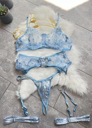 Сексуальна жіноча нижня білизна комплект: ліф та трусики гартери пояс ланцюжки блакитний