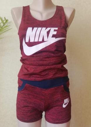 Летний спортивный комплект "nike": майка - топ и мини шорты, бордовый костюм для фитнеса