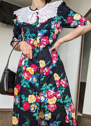 Платье футляр черное с цветами халат миди прямое винтажное на пуговицах розы m l хлопок1 фото