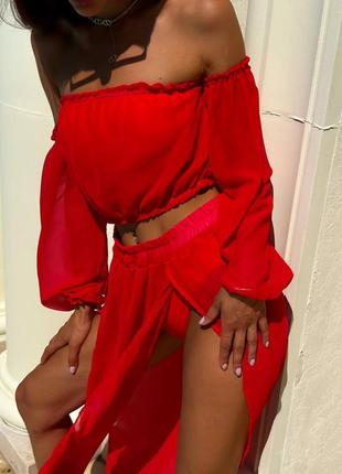 2317 красный шифоновый пляжный костюм на купальник топ с длинным рукавом и длинная юбка с вырезами7 фото