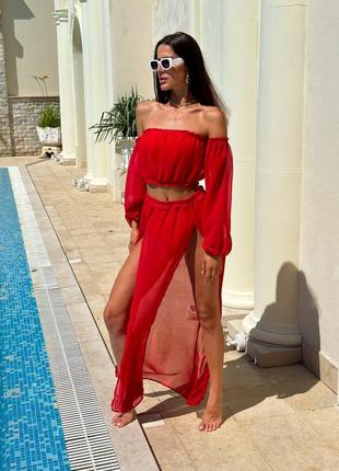 2317 красный шифоновый пляжный костюм на купальник топ с длинным рукавом и длинная юбка с вырезами9 фото