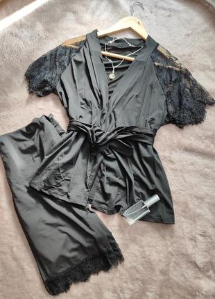 Черный шелковый набор. атласный халат. комплект укороченный халат + штаны, с кружевными вставками л хл хл. 48 50 52 54 г
