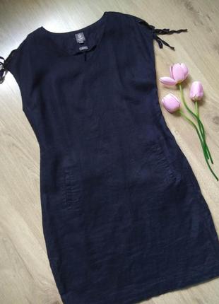 Льняное платье manor темно синяя/классическое платье casual 100% лен4 фото