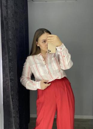 Лляна сорочка біла у червону смужку10 фото