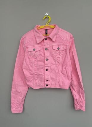 Джинсовый яркий укороченный неоновый пиджак розовый crazy world4 фото