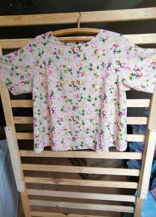 Розовая в цветы блузка супербатал большой размер (к003)