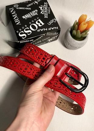 Женский ремень красный 3см брючный ремень кожа узкий в джинсы красный ремень под в шорты