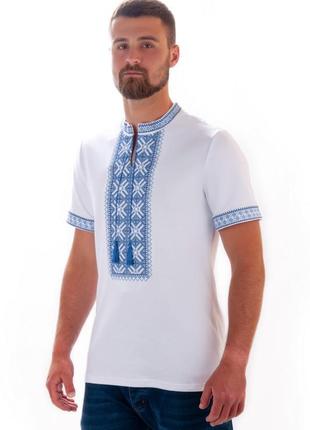 Вишиванка чоловіча з блакитною вишивкою , вишита трикотажна сорочка для чоловіків