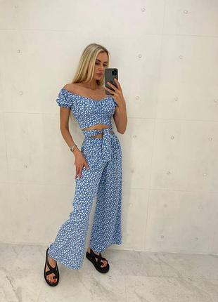 Стильный женский костюм двойка (брюки+топ) голубой,пудра легкая, на лето-женская одежда