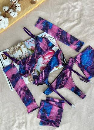 Комплект женского белья с чулками и перчатками😍💜