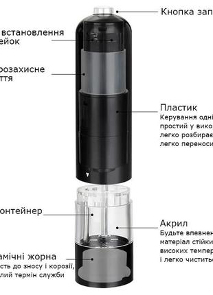 Електричний подрібнювач спецій млин сільничка перечниця перцемолка на батарейках для спецій перцю солі8 фото