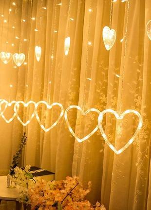 Новорічна, весільна світлодіодна гірлянда шторка дощ "сердечка" ys-84002 138 led 2.5 метра (теплий білий)3 фото