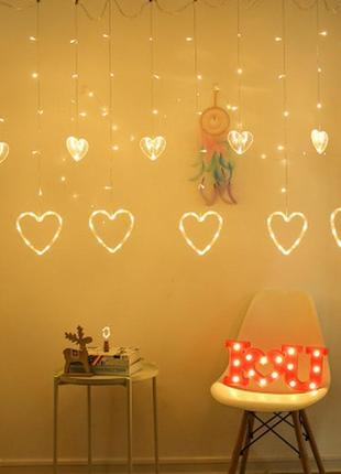 Новорічна, весільна світлодіодна гірлянда шторка дощ "сердечка" ys-84002 138 led 2.5 метра (теплий білий)4 фото