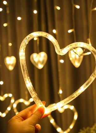Новорічна, весільна світлодіодна гірлянда шторка дощ "сердечка" ys-84002 138 led 2.5 метра (теплий білий)5 фото
