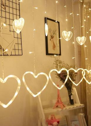 Новорічна, весільна світлодіодна гірлянда шторка дощ "сердечка" ys-84002 138 led 2.5 метра (теплий білий)2 фото