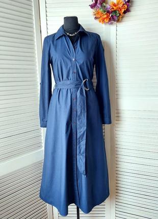 Платье рубашка  миди длиное на пуговицах под пояс темно синего цвета с карманами от warehouse2 фото