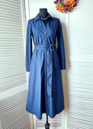 Платье рубашка  миди длиное на пуговицах под пояс темно синего цвета с карманами от warehouse3 фото