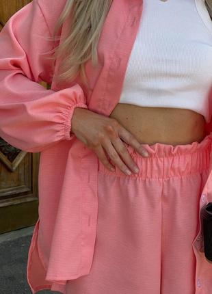 Розовый летний льняной костюм двойка повседневный пляжный комплект из льна блуза рубашка шорты бермуды на резинке оверсайз2 фото