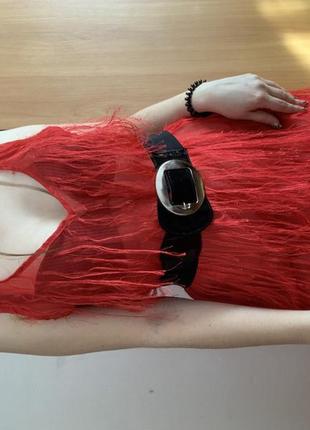 Половое прозрачное красное платье с бахромой