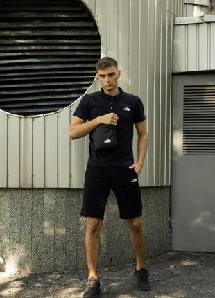 Костюм спортивный мужской the north face футболка поло темно - синяя трикотажная+шорты+барсетка тнф