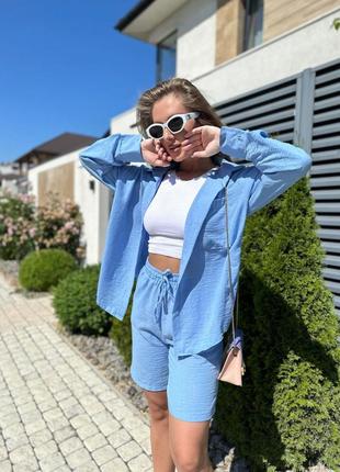 Летний льняной жатый костюм двойка повседневный пляжный комплект из льна блуза рубашка...