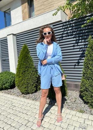 Летний льняной жатый костюм двойка повседневный пляжный комплект из льна блуза рубашка...