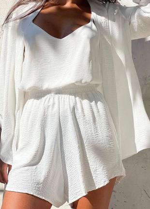 Костюм тройка креп жатка майка шорты на резинке рубашка кимоно кардиган накидка с...