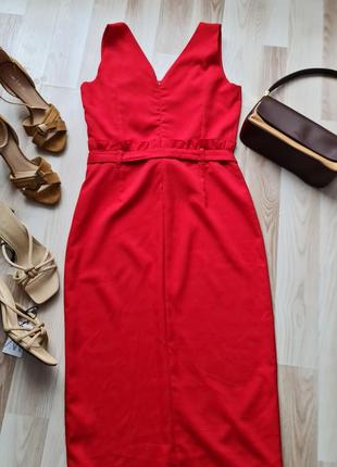 Красное платье деловое миди платье без рукавов летнее платье с высокой посадкой платье с поясом2 фото