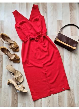 Красное платье деловое миди платье без рукавов летнее платье с высокой посадкой платье с поясом1 фото