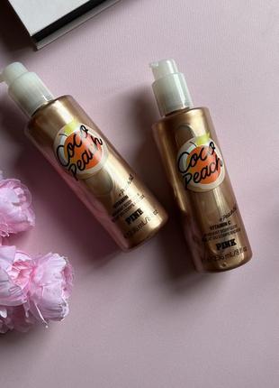 Бронзатор з шимером coco peach radiant body glow вітаміном с victoria's secret pink вікторія сікрет
