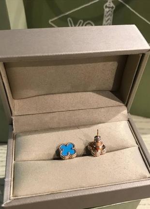 Брендові сережки блакитна конюшина у рожевому золоті