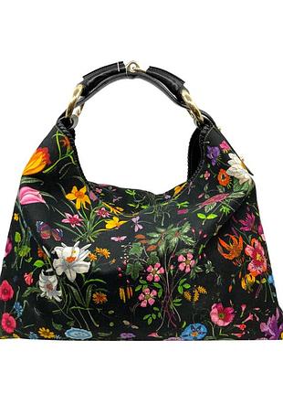 Сумка оригинал винтаж black floral canvas horsebit chain large hobo bag
