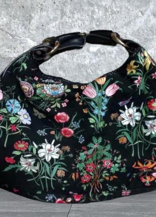 Сумка оригинал винтаж black floral canvas horsebit chain large hobo bag3 фото