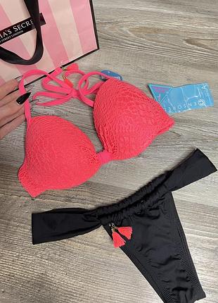 Купальник неоновый неон розовый пуш ап бюстик кружево на затяжках размер 34a 75a s new yorker censored