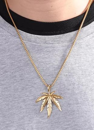Цепочка лист конопли золотая серебряная на шею
