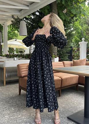 Платье миди в цветочний принт с длинными пышными рукавами фонариками с лифом на резинке корсет резинка с открытыми плечами