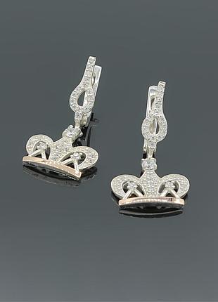 Срібні сережки корона з золотими вставками