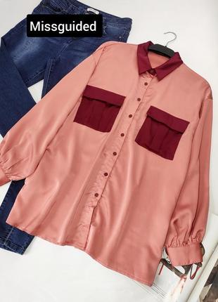 Рубашка женская удлиненная оверсайз розового цвета с объемными широкими рукавами под шелк от бренда missguided 8/36