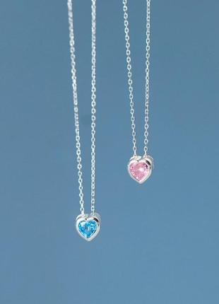 Серебряная цепочка с кулоном сердце, на выбор розовый или голубой фианит, длина 40+5 см, серебро 925 пробы.