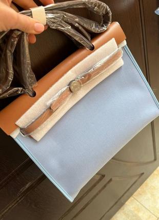 Сумка женская голубая ткань кожа брендовая в стиле эрме hermes2 фото