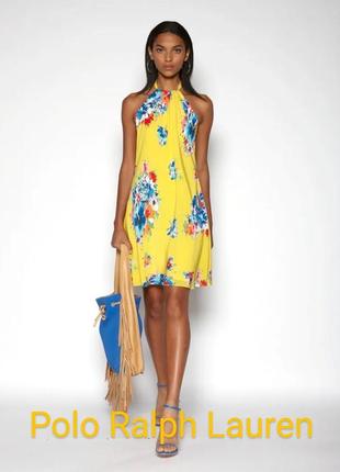 Брендовое шелковое ярко жёлтое платье мини🌼цветочный принт🌼 polo ralph lauren( размер 36)