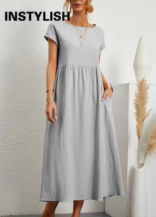 Сукня міді сіра однотонна вільного крою з кишенями якісна стильна трендова