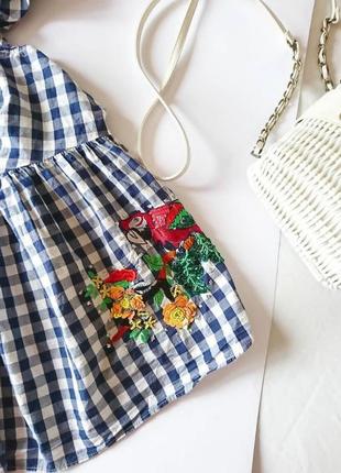Коттоновый топ/блуза/блузка в клетку с вышивкой бисером, с воланами zara, на р. м/l7 фото