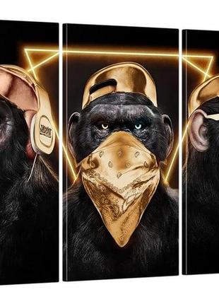 Модульна картина на полотні на стіну для інтер`єру/спальні/прихожої dk три мудрі мавпи у золоті 60x100 см (mk30214_а)