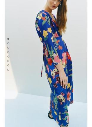 Zara сукня міді з атласним ефектом з квітковим принтом7 фото