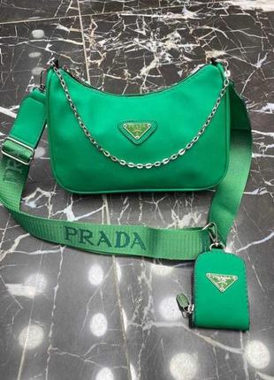Зелена сумка в стилі prada, зеленая кросс-боди в стиле прада, нейлоновая сумка багет