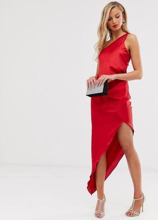 Красное атласное платье миди на одно плечо с драпировкой asos design